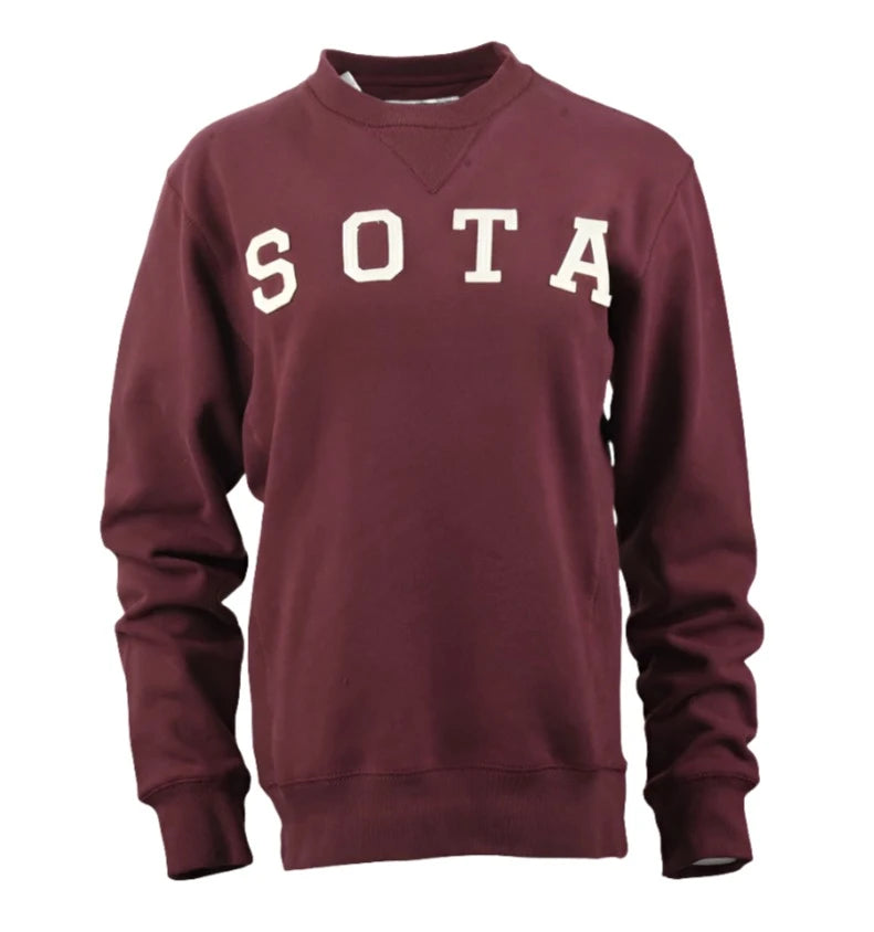 deep red colored crewneck sweatshirt that reads SOTA in white lettering